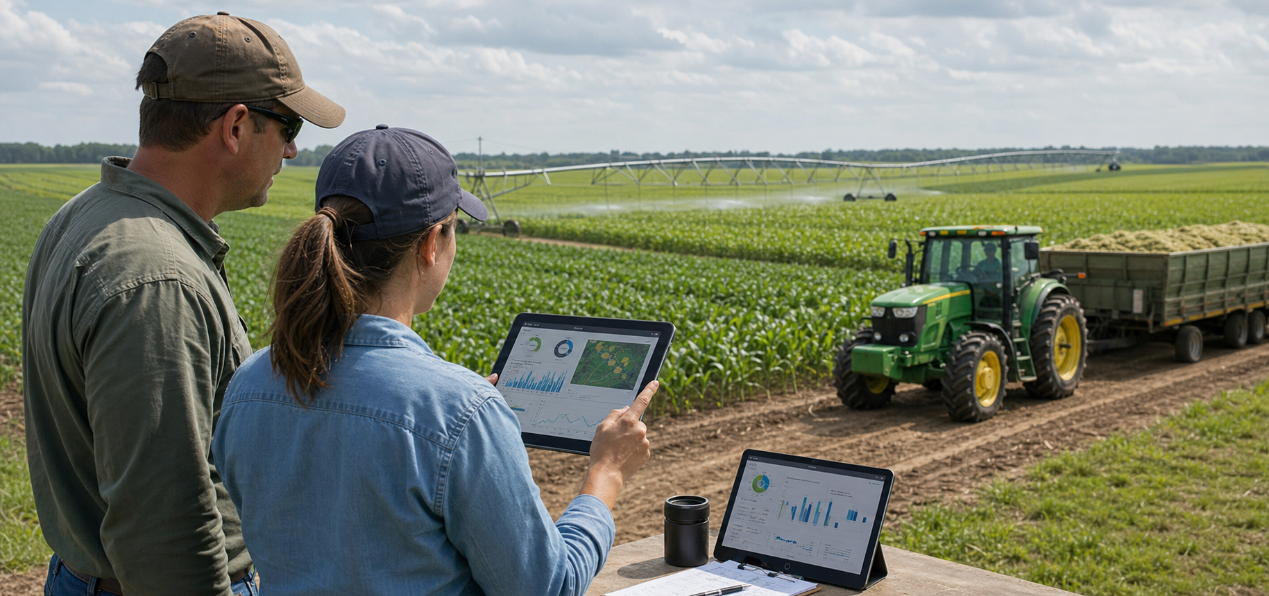 Agricultural operations managers reviewing field and equipment dashboards near active farmland.
