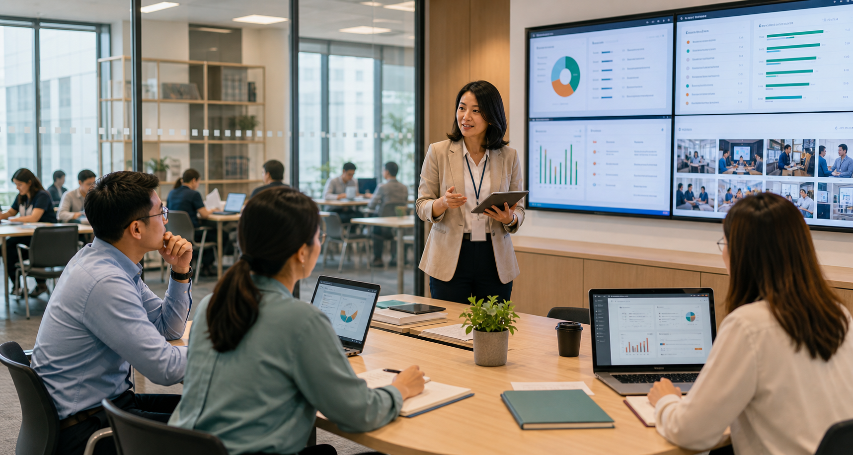 Education administrators reviewing scheduling and engagement dashboards in a modern training environment.