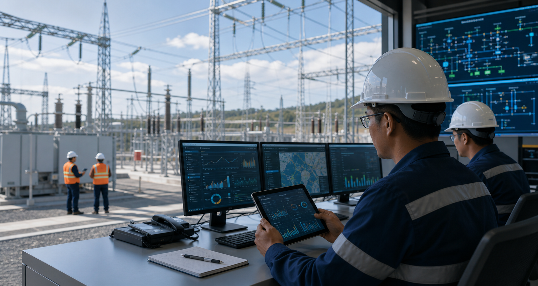 Utility engineers reviewing asset and maintenance dashboards in an energy operations environment.