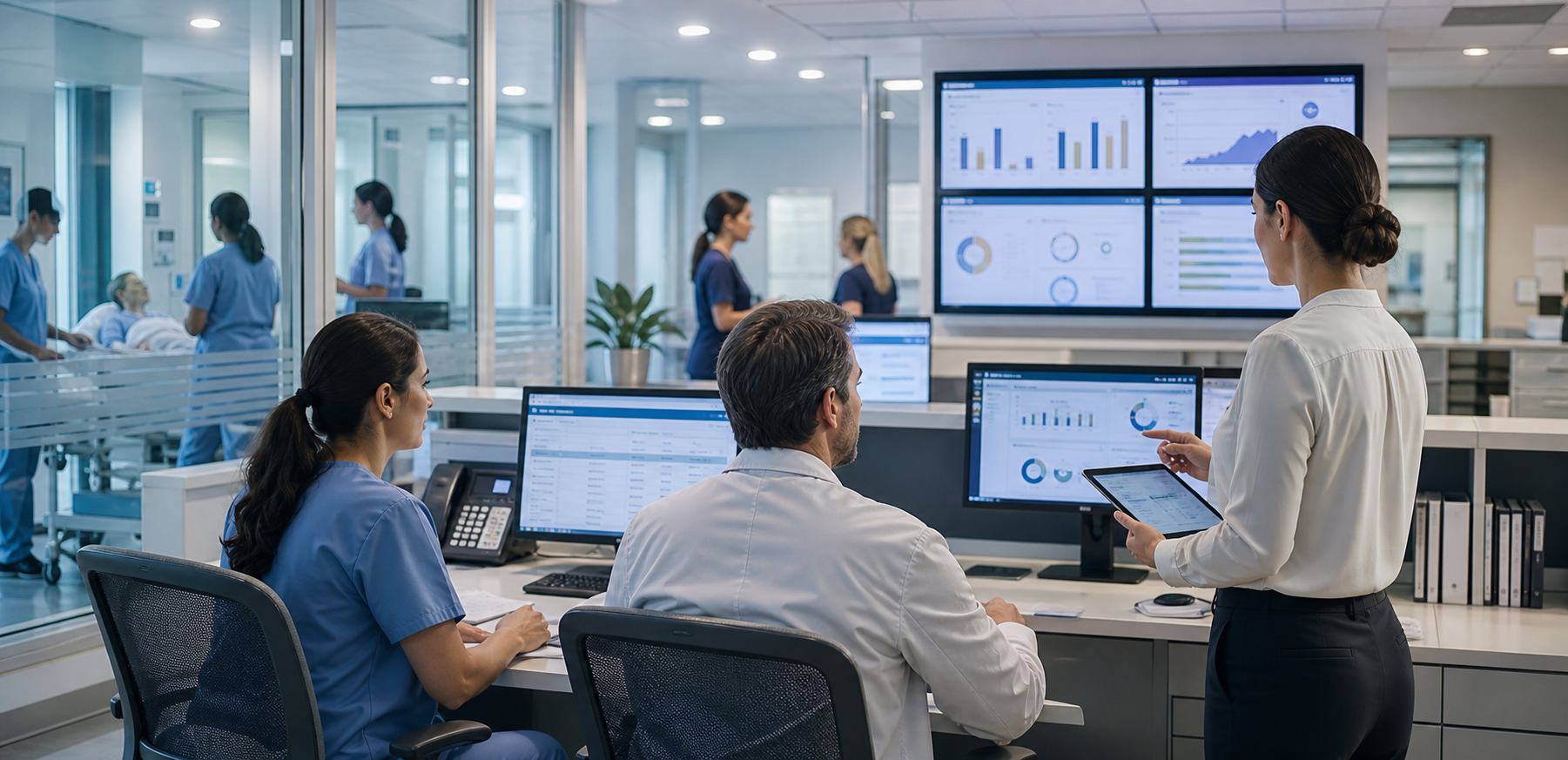 Healthcare administrators reviewing service and scheduling dashboards in a modern care environment.