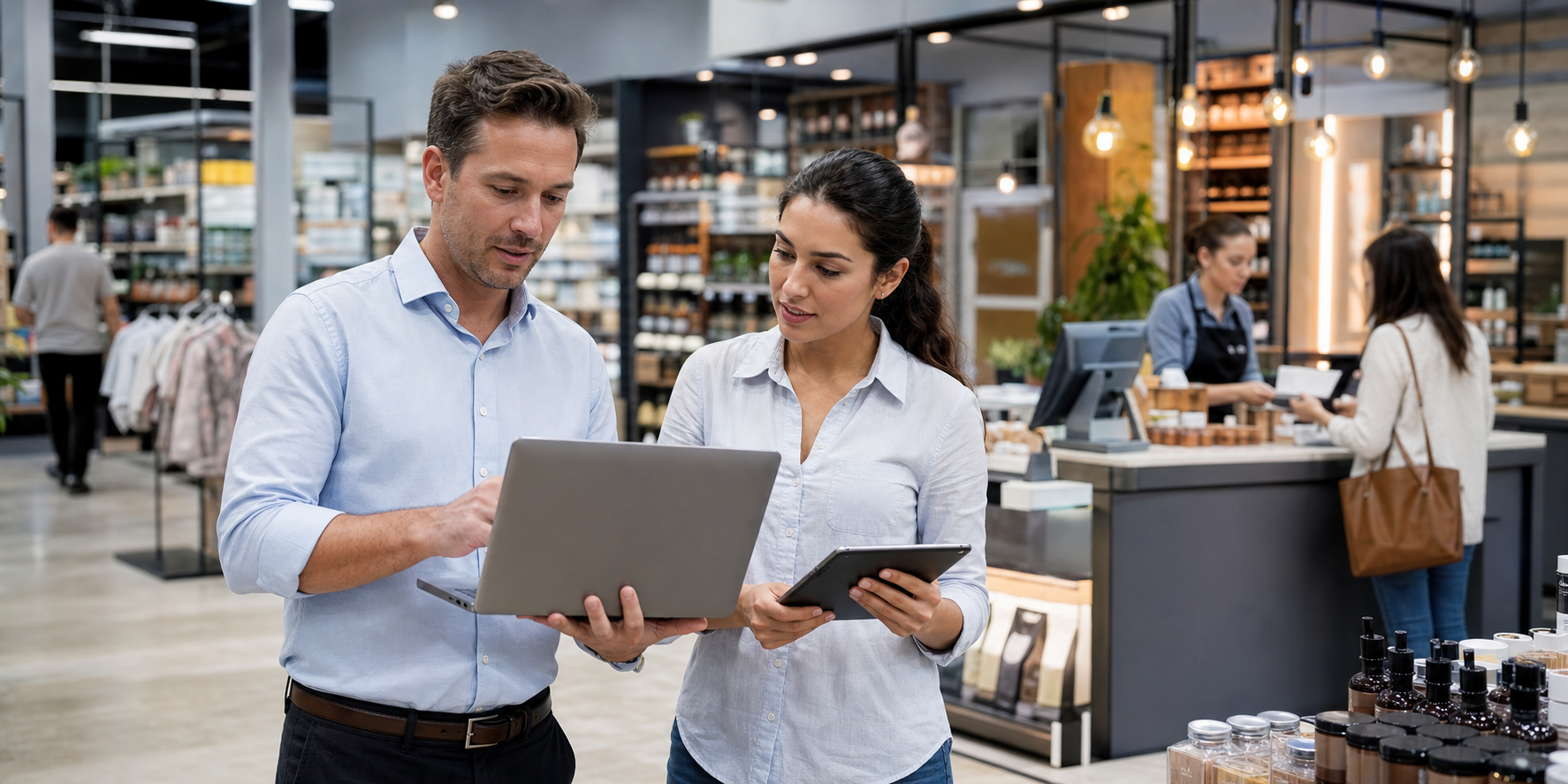 Retail managers reviewing sales and inventory dashboards inside a modern store.