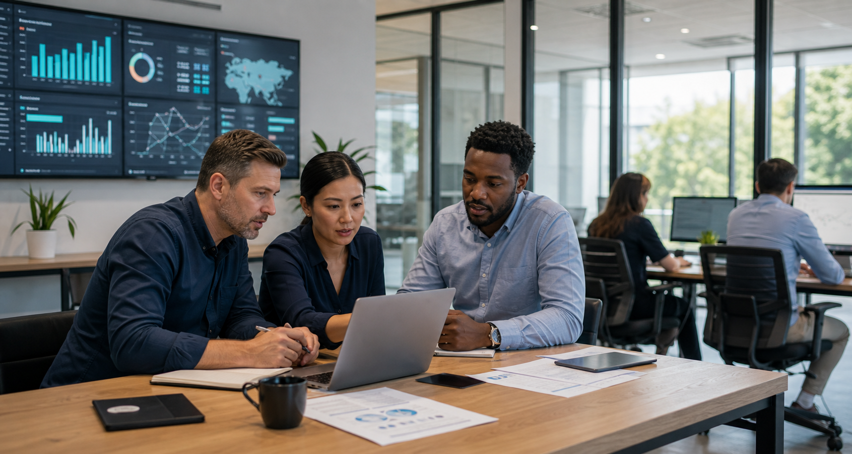 A service operations team reviewing booking, pipeline and customer workflow dashboards in a professional office.