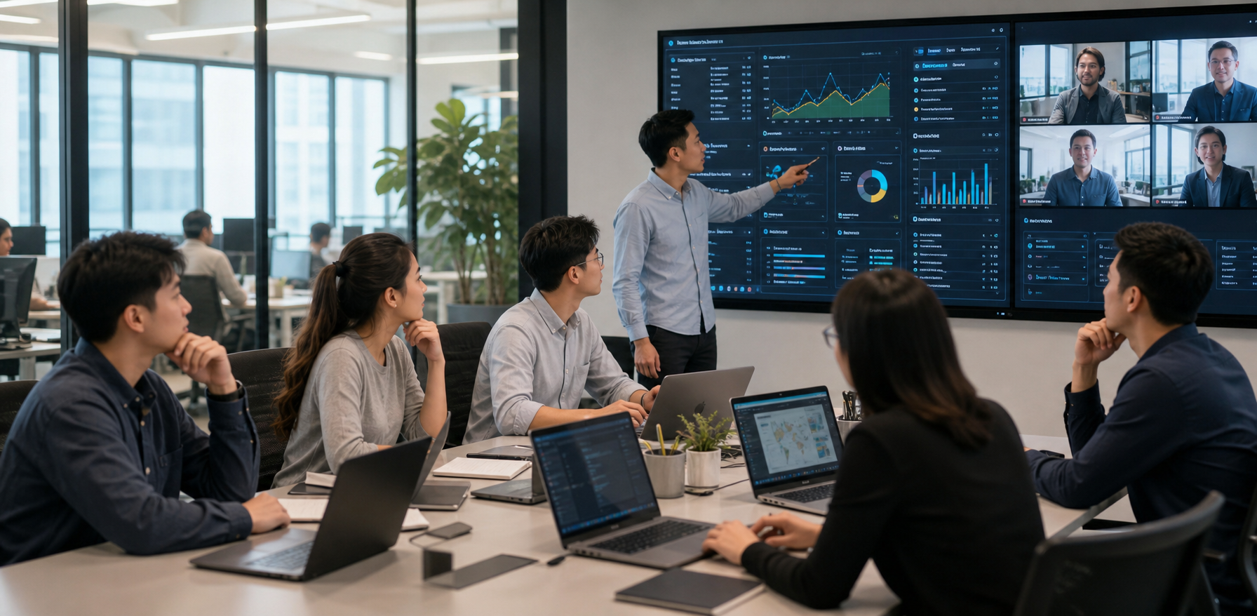 Technology company leaders reviewing engineering and product dashboards in a modern workspace.