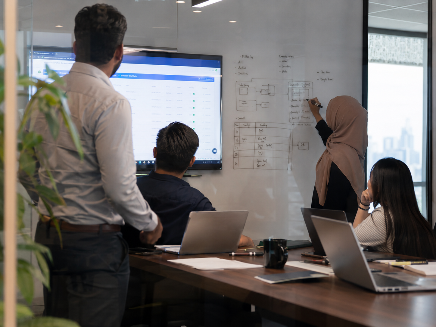 Project team mapping workflows and reviewing interface logic for a custom internal system.