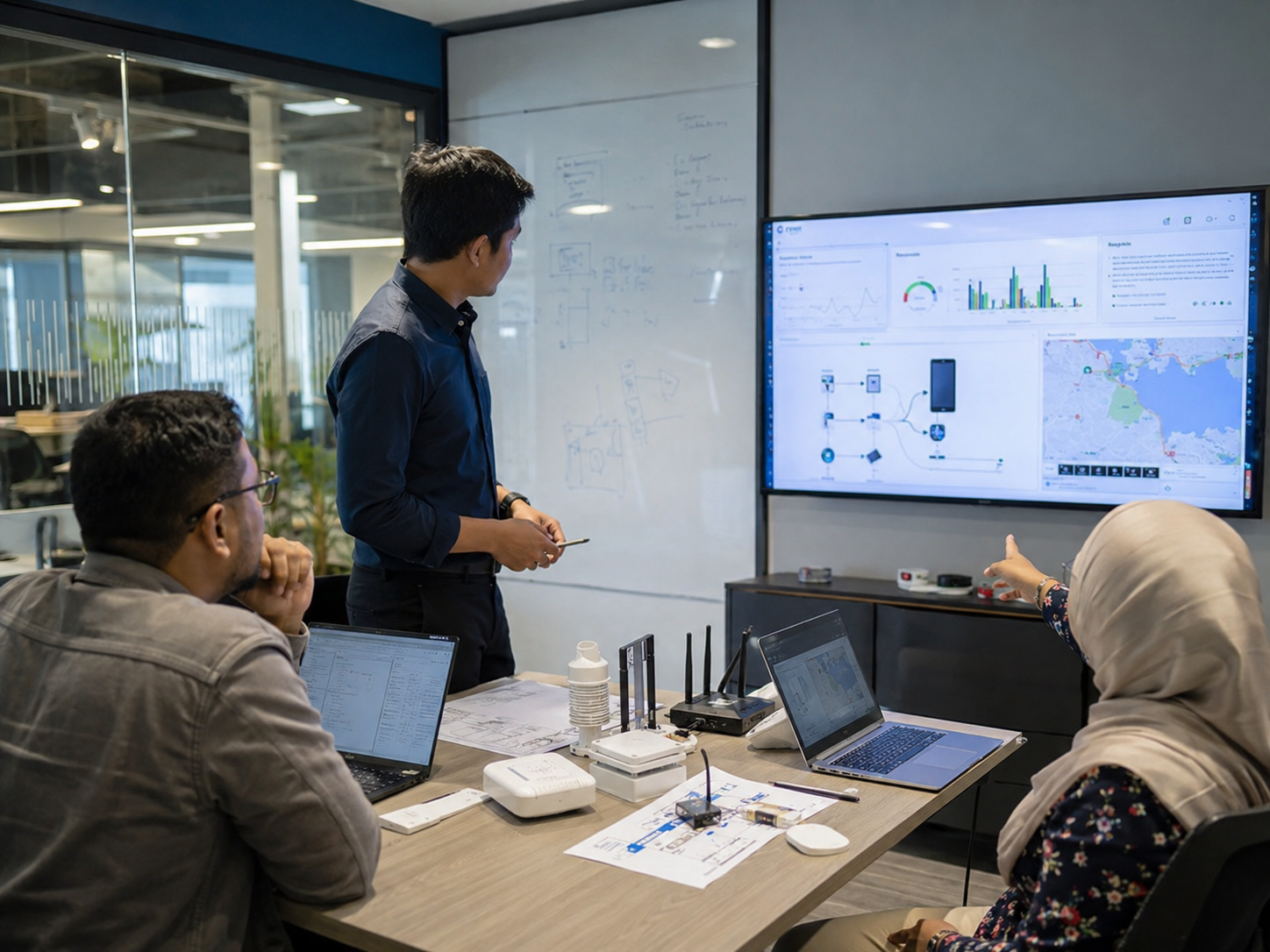 Team reviewing an operational dashboard and connected devices in a meeting room.